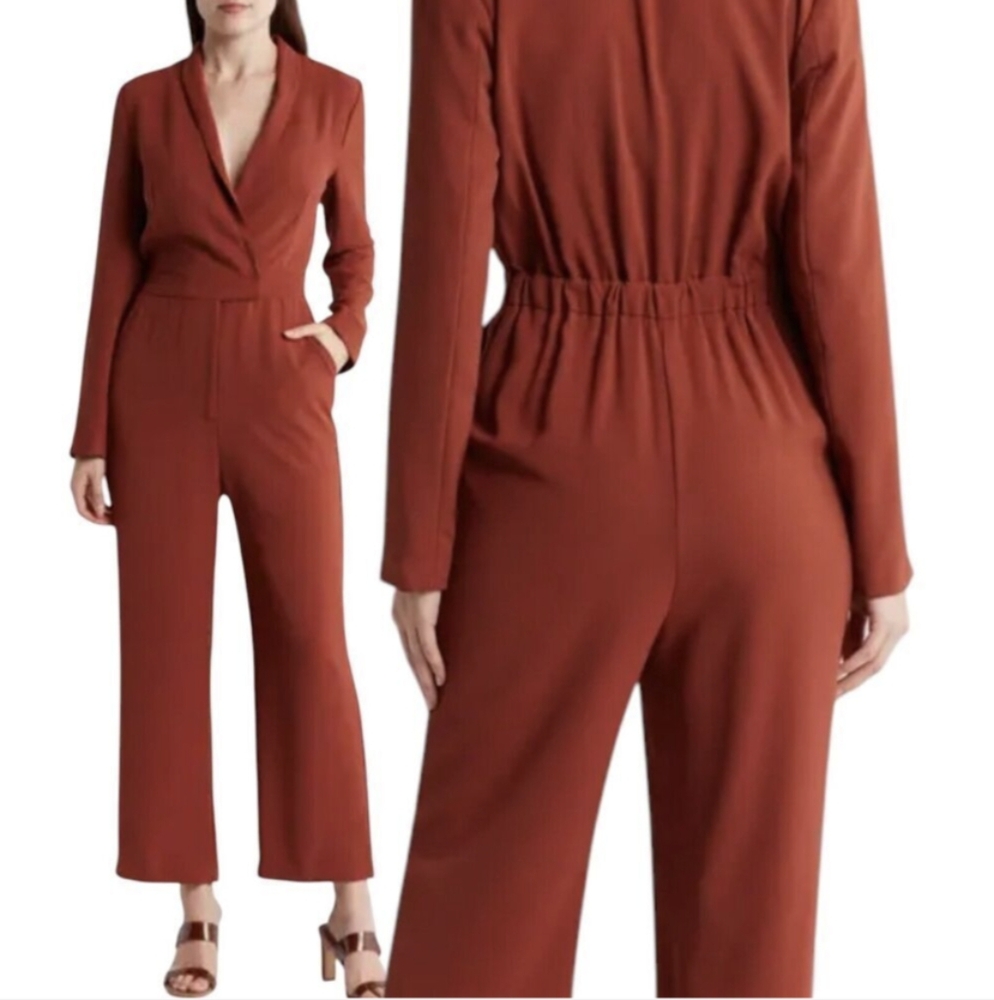 Lulus Refined Energy Long Sleeve Shawl Collar Jumpsuit Rust Small